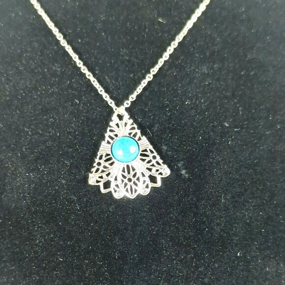 Vintage Style Silver-Tone Filigree Pendant Necklace With Turquoise Accent - Picture 3 of 6